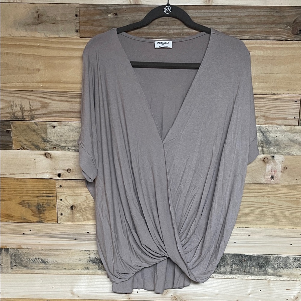 Zenana Outfitters size XL Taupe Lightweight Wrap-Front High-low Blouse